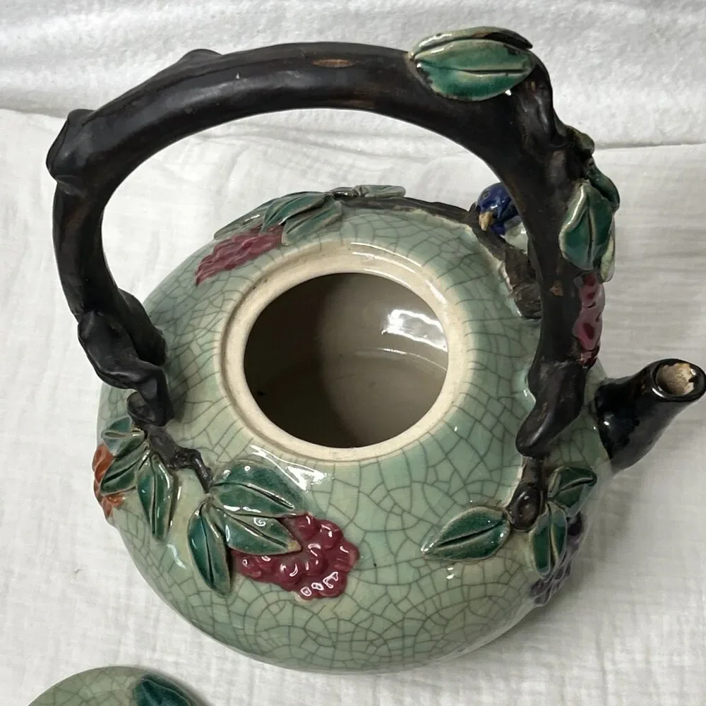 EXCEPTIONAL POTTERY TEAPOT WITH BIRD, FLOWERS & VINES~12